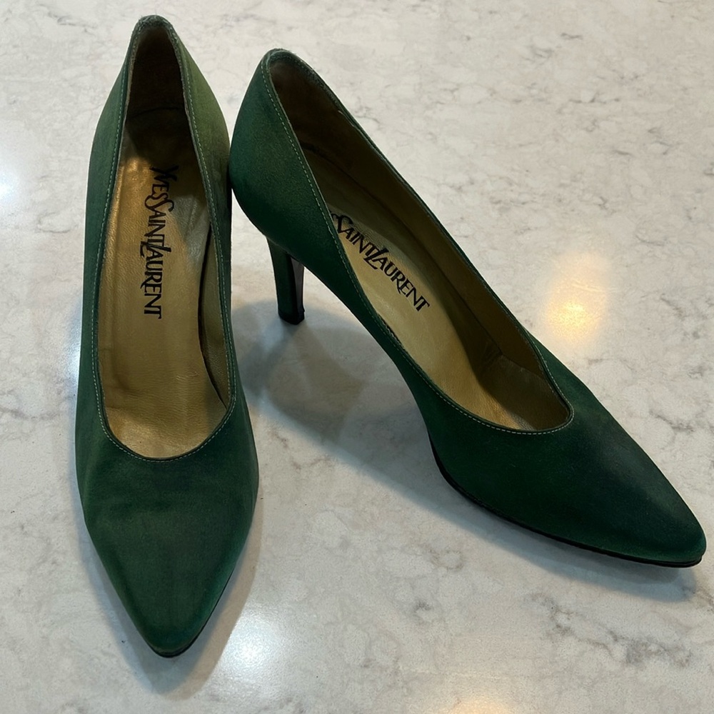 Vintage Yves Saint Laurent Forest/Hunter Green Silk Satin Pumps Sz 6.5 N- EUC